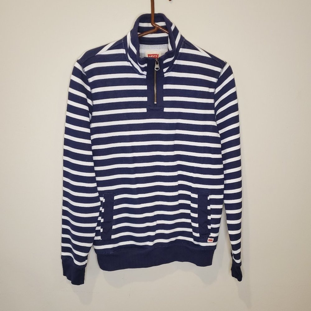 Levi's half zip pullover sweatshirt navy blue white stripe men's small